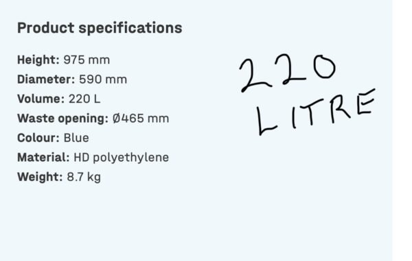 220 Litre Plastic Blue Barrel Specifications